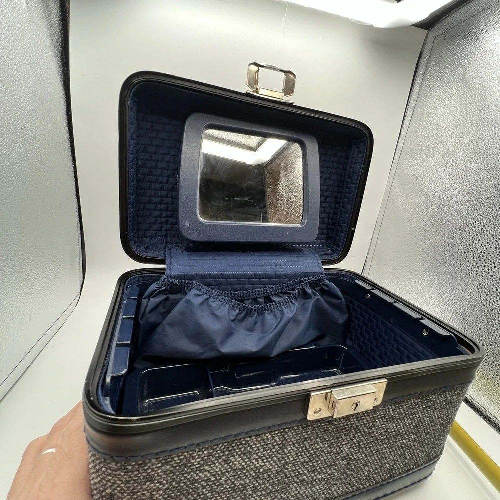 Blue Tweed Cloth Vanity Train Travel Case Inside Tray Pop-up Mirror